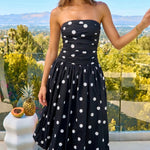 Black White Polka Dot Print Strapless Midi Dress