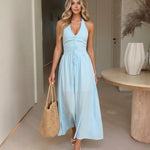 Light Blue Halter V Neck Drawstring Ruched Flowy Midi Dress