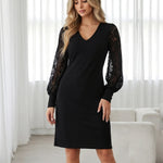 Black Contrast Floral Lace Balloon Sleeve V-Neck Mini Dress
