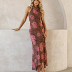 Leopard Print Pink Rose Halter Neck Midi Dress