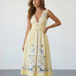 Yellow Floral Embroidery V-Neck Midi Dress