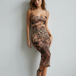 Leopard Print Mesh Spaghetti Strap Midi Dress