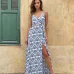 Blue Print Wrap V Neck High Slit Maxi Dress
