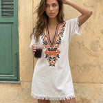 White Embroidered V Neck Fringe Hem Mini Dress