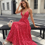 Red Floral Print Spaghetti Strap Maxi Dress