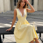 Pastel Yellow Lace Trim V-Neck Fitted Waist Flared Midi Dress