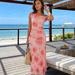 Pink Floral Off Shoulder Ruched Mesh Midi Dress