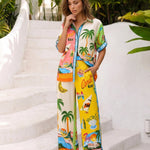 Tropical Print Short Sleeve Shirt and Wide Leg Pants Set