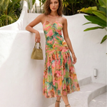Pink Tropical Palm Print Halter Midi Dress
