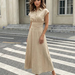 Beige Waist-Tie Linen Blend Maxi Shirt Dress