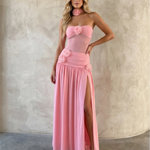 Pink Floral Choker Strapless High Slit Maxi Dress