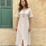 Beige Cotton Embroidery Neckline Midi Dress