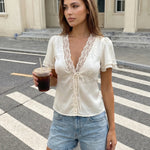 White Satin Lace Trim V-Neck Short Sleeve Blouse