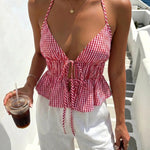 Red White Gingham Halter Peplum Cropped Cami Top