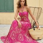 Pink Geometric Print Halter Neck Cutout Maxi Dress