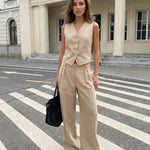 Beige Linen Blend Waistcoat Wide Leg Pants Set
