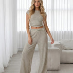 Beige Striped Drawstring Crop Top and Wide Leg Pants Two Piece Set