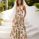 Vintage Fruit and Icon Print Halter Neck Maxi Dress