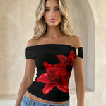 Black Red Lily Print Off-Shoulder Top