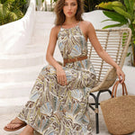 Tropical Leaf Print Halter Neck Maxi Dress