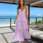 Lavender Pleated Tiered Spaghetti Strap Maxi Dress