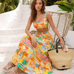 Scenic Print Square Neck Crop Top and Maxi Skirt Two Piece Set