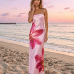 Pink Orchid Print Strapless Satin Maxi Dress