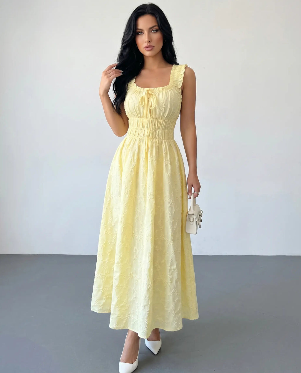 Yellow Textured Ruffle Strap Maxi Dress