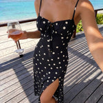 Black White Polka Dot Print Spaghetti Strap Drawstring Bust High Slit Midi Dress