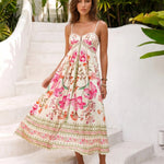 Pink Floral Spaghetti Strap Tiered Midi Dress