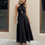 Black Cross Wrap Halter Front Keyhole Cutout Midi Dress