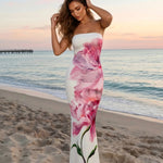 White Floral Print Strapless Maxi Dress