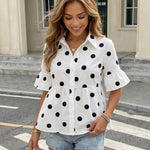 White Polka Dot Cotton Slim Fit Regular Peplum Blouse