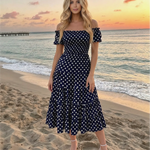 Navy Blue Polka Dot Off-Shoulder Tiered Midi Dress