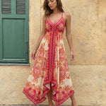 Floral Print Halter Neck Open Back Asymmetric Hem Midi Dress
