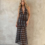 Brown Light Blue Polka Dot Halter Neck Mesh Midi Dress