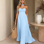 Light Blue Choker Halter Sweetheart Pleated Maxi Dress