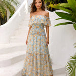 Yellow Floral Off Shoulder Smocked Tiered Chiffon Maxi Dress