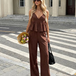 Brown Peplum Camisole And Wide Leg Pants Two Piece Set