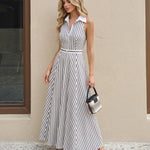 Black White Mixed Stripe Collared Sleeveless High Waist Maxi Dress