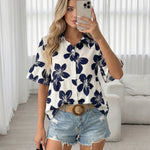 White Navy Hibiscus Floral Ruffle Short Sleeve Peplum Shirt