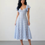 Sky Blue Floral Lace Fitted Waist Midi Dress