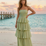 Sage Green Tiered Crinkled Fabric Slim Fit Maxi Dress