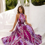Purple Chain Print Halter Neck Pleated Maxi Dress