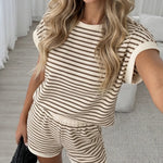 Beige Ribbed Striped Relaxed Fit Short Set