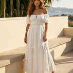White Off-Shoulder Tiered Maxi Dress