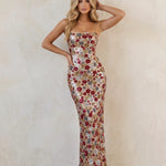 Floral Sequin Embellished Spaghetti Strap High Waist Bodycon Maxi Dress