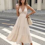 Beige Tassel Decor Cotton Blend Slim Fit Midi Dress