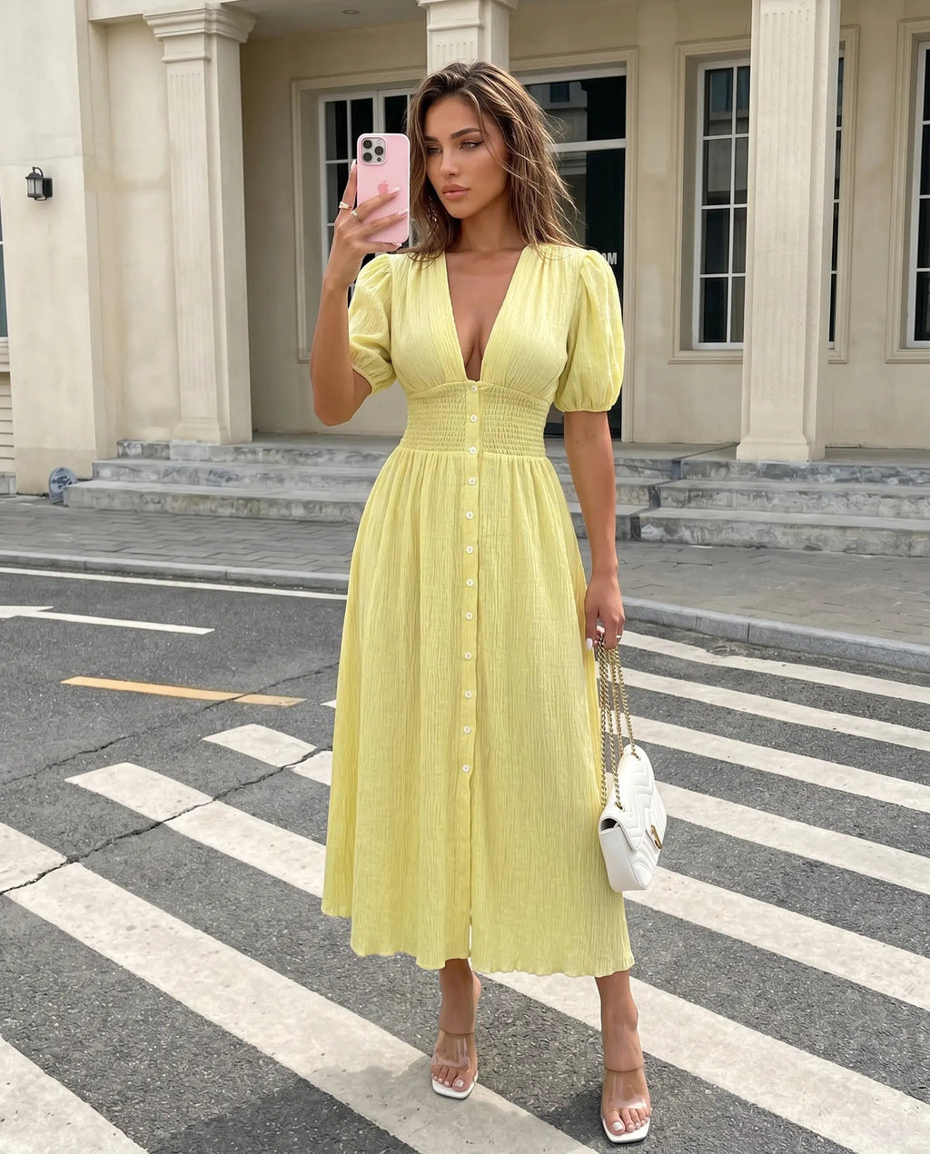 Yellow V-neck Button Front Smocked Slim Fit Midi Dress