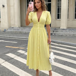 Yellow V-neck Button Front Smocked Slim Fit Midi Dress